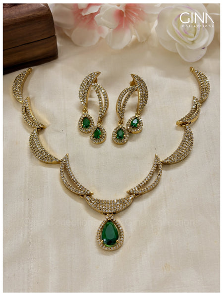 Half Moon AD Stones Drops Necklace - Emerald