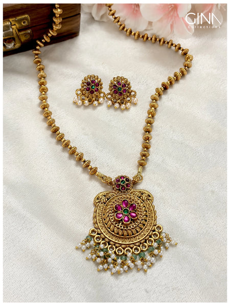 Golden Beads Mala with Floral Pendant and Pearl Drops Alternative View
